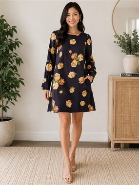 Loft Floral Shift Dress | Size S/M | Long Sleeve Navy Floral Dress